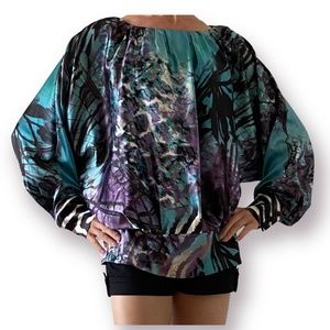Vintage Y2K oversized blouse multicolor satin look long sleeve size 38/M